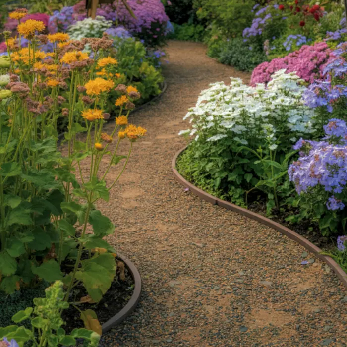 Allée en gravier bordée de fleurs